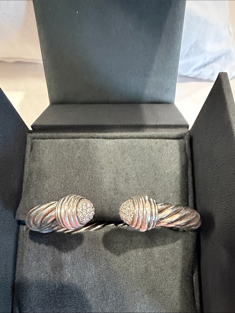 David Yurman Cable Open Cuff sterling Bracelet with Pavé Ends